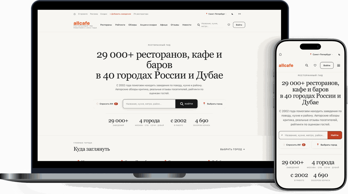 Allcafe — ресторанный гид и каталог заведений — на компьютере и на телефоне